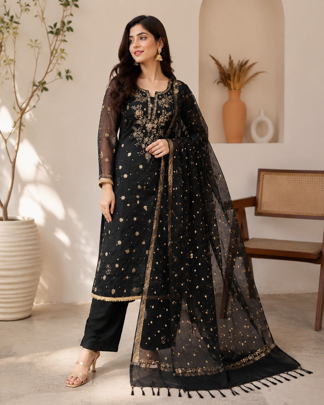Premium Lucknowi Chikankari Mul Chanderi Mukaish Suit Set with Banarasi Butti