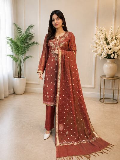 Premium Lucknowi Chikankari Mul Chanderi Mukaish Suit Set with Banarasi Butti