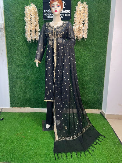Premium Lucknowi Chikankari Mul Chanderi Mukaish Suit Set with Banarasi Butti