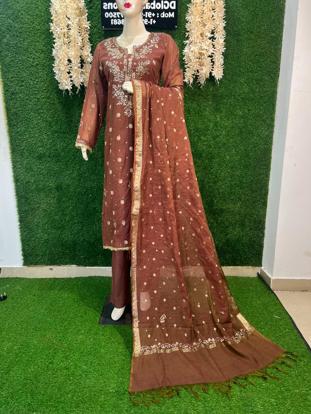 Premium Lucknowi Chikankari Mul Chanderi Mukaish Suit Set with Banarasi Butti
