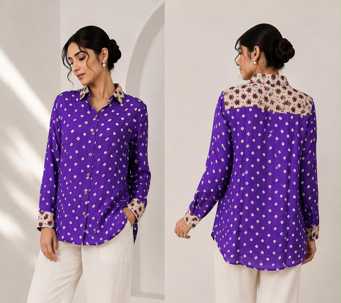 Modal Silk Crepe Bandhani Ajrakh Printed Shirt for Women