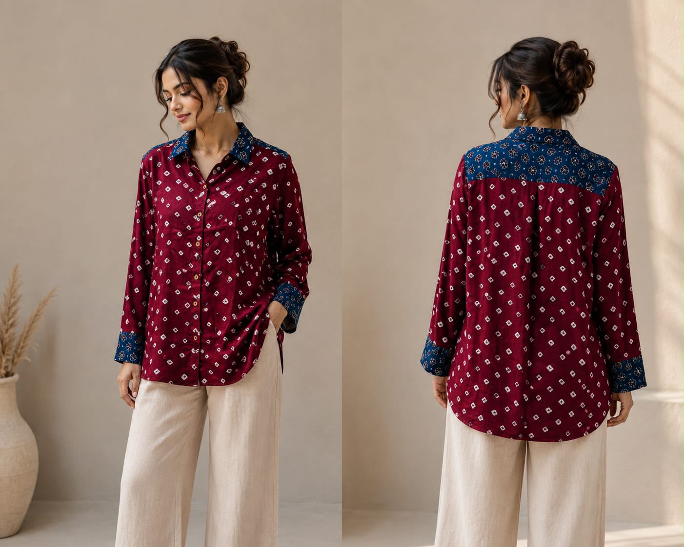 Modal Silk Crepe Bandhani Ajrakh Printed Shirt for Women