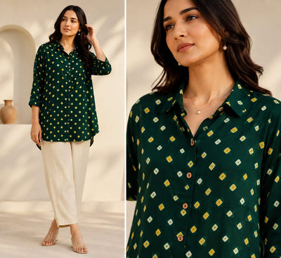 Modal Silk Crepe Bandhani Ajrakh Printed Shirt for Women