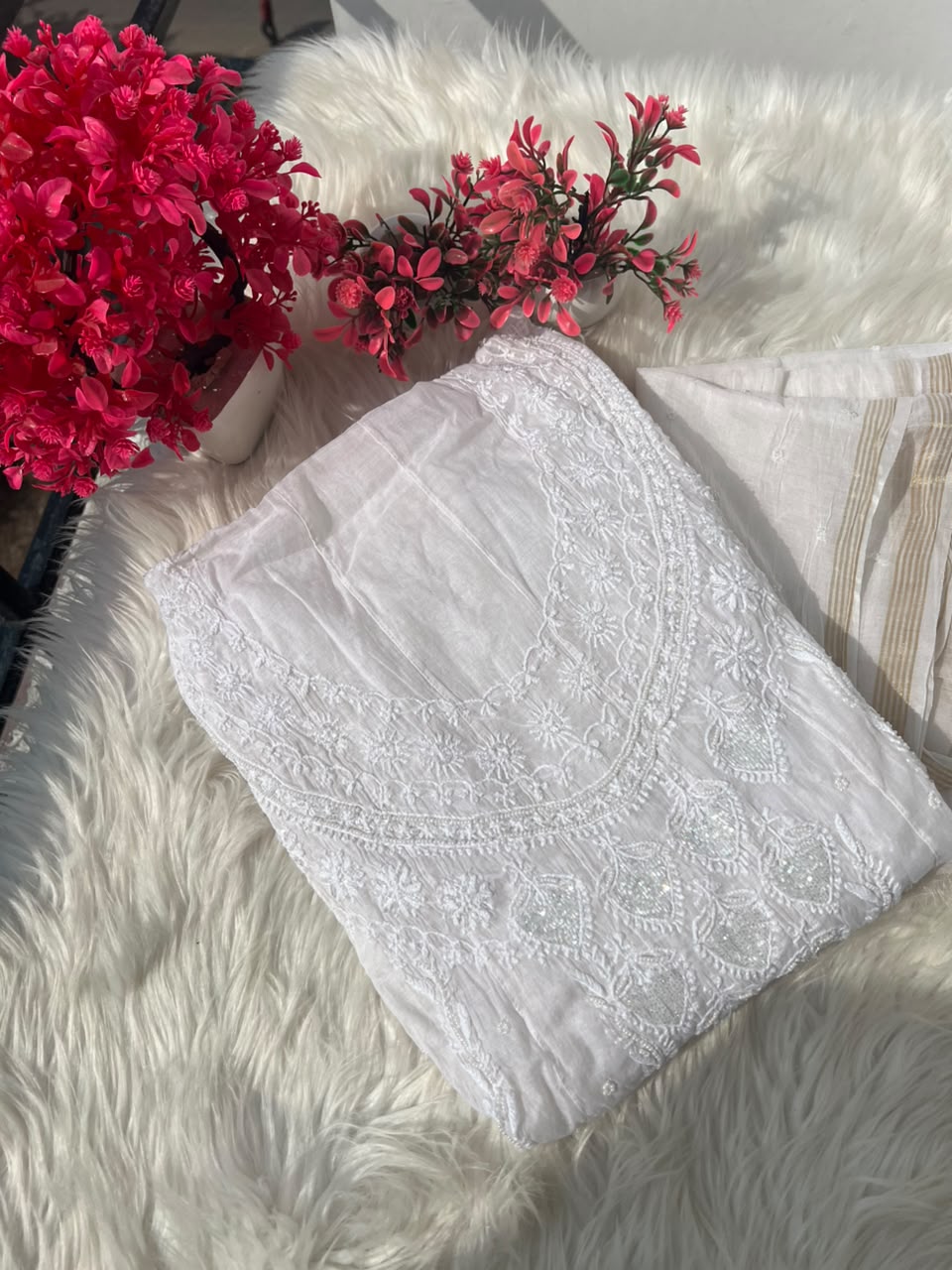Lucknowi Chikankari Unstitched Mul Anarkali Suit with Heavy Moti Work | Front & Back Embroidery