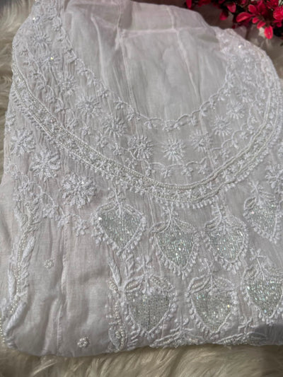 Lucknowi Chikankari Unstitched Mul Anarkali Suit with Heavy Moti Work | Front & Back Embroidery