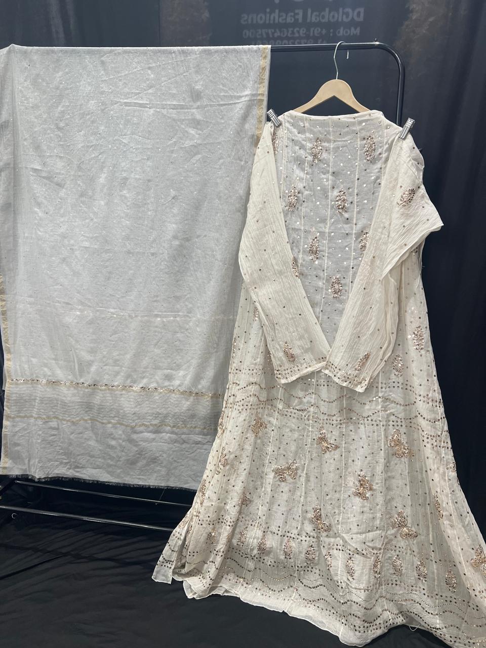 Lucknowi Chikankari Mul Chanderi Mukaish Unstitched Anarkali Suit with Dupatta