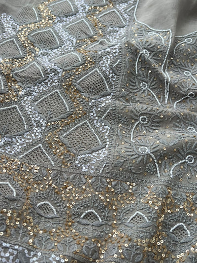 Mul Chanderi Lucknowi Chikankari Unstitched Suit with Hand Jaali & Sequin Work