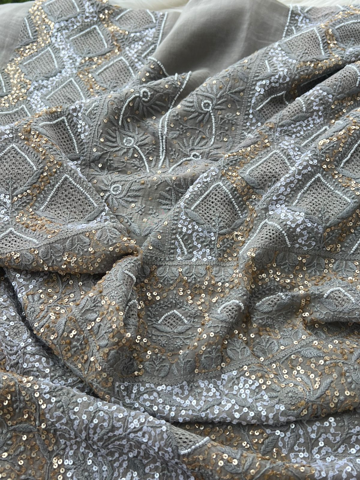 Mul Chanderi Lucknowi Chikankari Unstitched Suit with Hand Jaali & Sequin Work