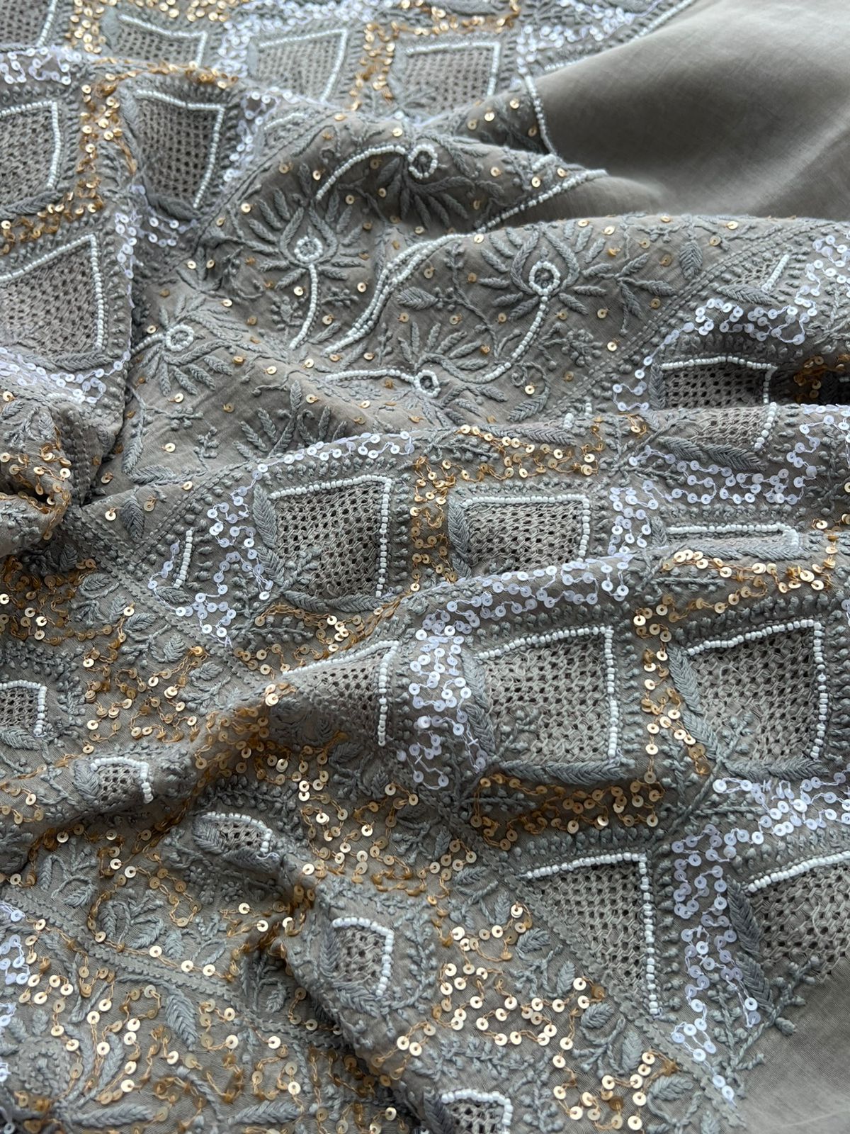 Mul Chanderi Lucknowi Chikankari Unstitched Suit with Hand Jaali & Sequin Work