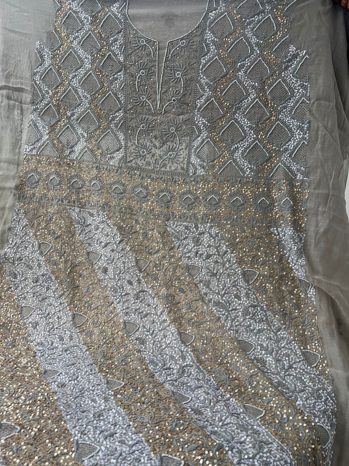 Mul Chanderi Lucknowi Chikankari Unstitched Suit with Hand Jaali & Sequin Work