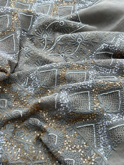 Mul Chanderi Lucknowi Chikankari Unstitched Suit with Hand Jaali & Sequin Work