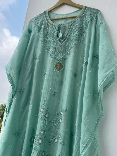 Lucknowi Chikankari Kaftan with Cutdana & Pearl Hand Embroidery – Mul Chanderi (Unstitched)