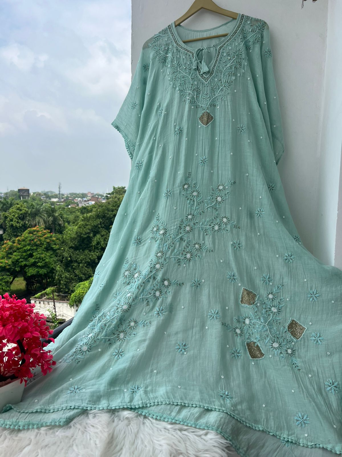 Lucknowi Chikankari Kaftan with Cutdana & Pearl Hand Embroidery – Mul Chanderi (Unstitched)
