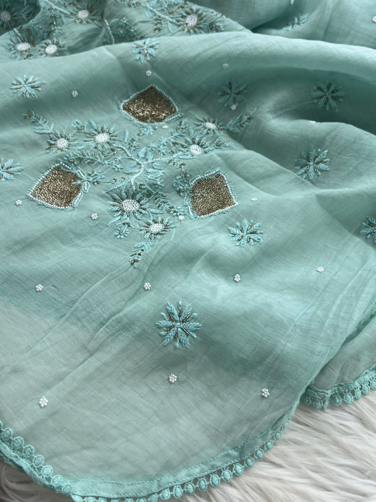 Lucknowi Chikankari Kaftan with Cutdana & Pearl Hand Embroidery – Mul Chanderi (Unstitched)