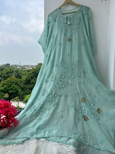 Lucknowi Chikankari Kaftan with Cutdana & Pearl Hand Embroidery – Mul Chanderi (Unstitched)
