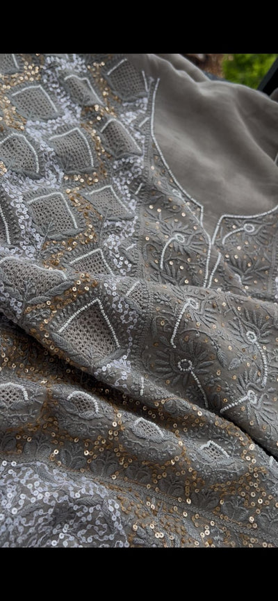 Mul Chanderi Lucknowi Chikankari Unstitched Suit with Hand Jaali & Sequin Work