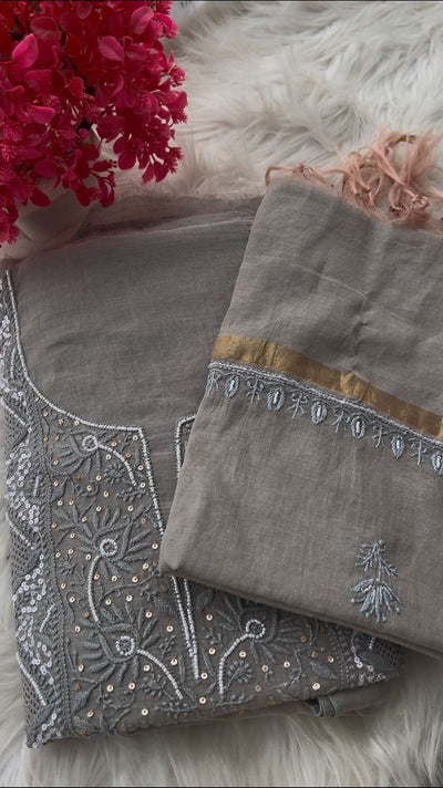 Mul Chanderi Lucknowi Chikankari Unstitched Suit with Hand Jaali & Sequin Work