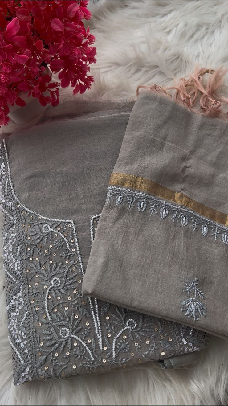 Mul Chanderi Lucknowi Chikankari Unstitched Suit with Hand Jaali & Sequin Work