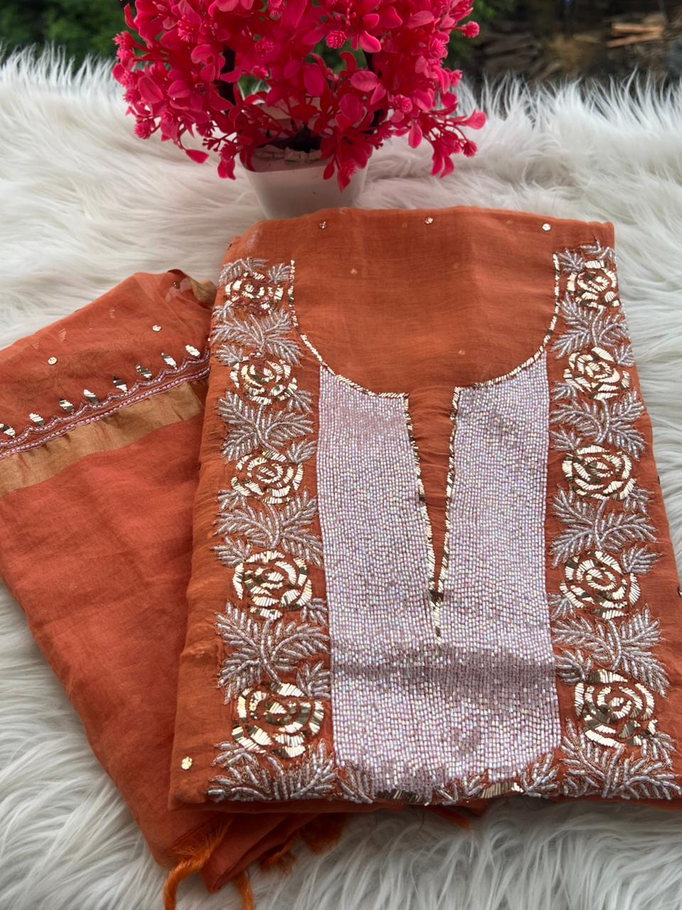 Lucknowi Chikankari Pearl Cutdana Pitta Kasab Suit Set