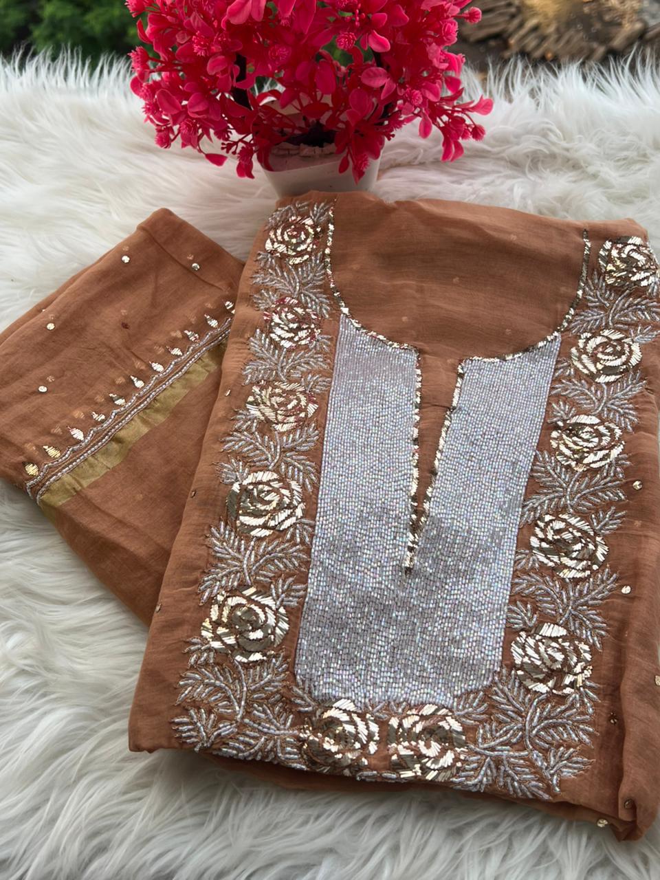 Lucknowi Chikankari Pearl Cutdana Pitta Kasab Suit Set