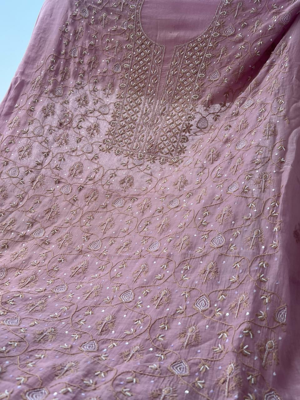 Mul Chanderi 2 Taar Lucknowi Chikankari full jaal Kurta with Dupatta Set