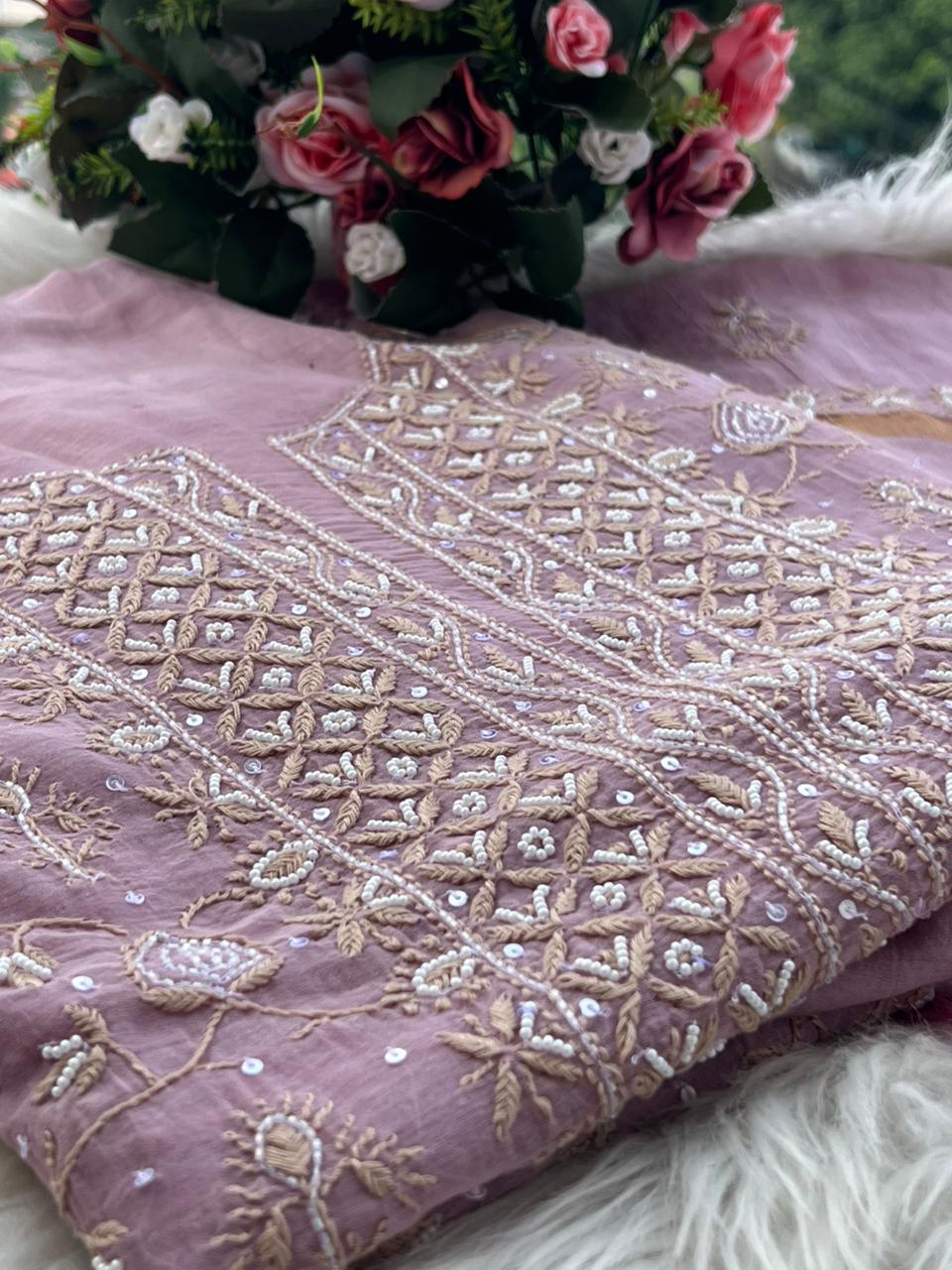 Mul Chanderi 2 Taar Lucknowi Chikankari full jaal Kurta with Dupatta Set