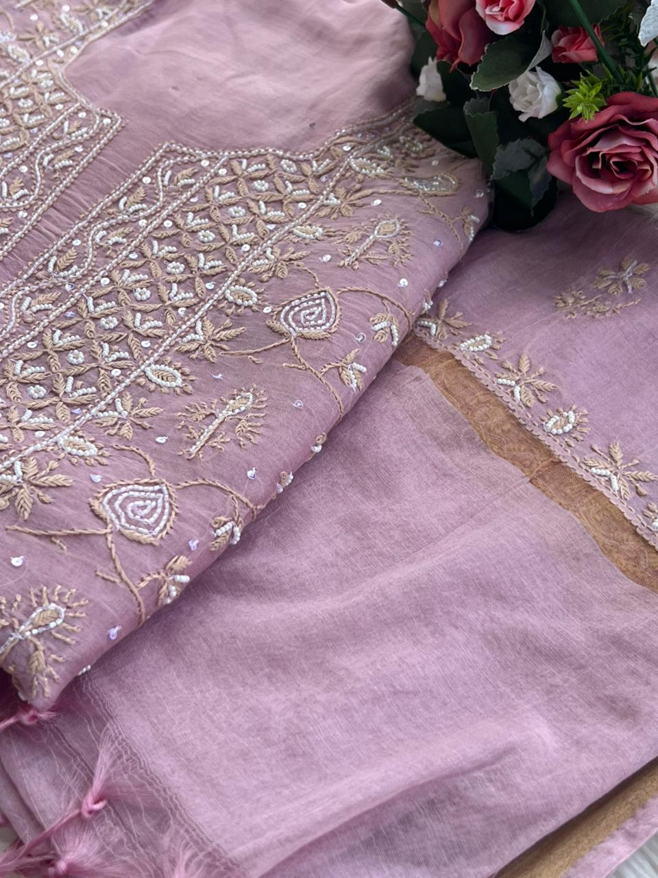 Mul Chanderi 2 Taar Lucknowi Chikankari full jaal Kurta with Dupatta Set