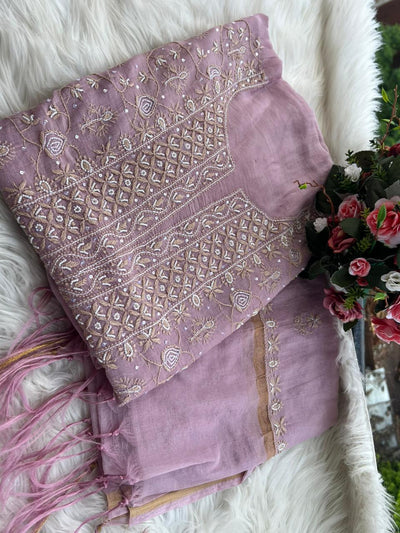 Mul Chanderi 2 Taar Lucknowi Chikankari full jaal Kurta with Dupatta Set