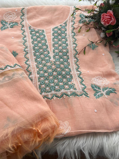 Lucknowi Chikankari Kurta & Dupatta Set in Mulmul Chanderi with Pearl & Cutdana Embroidery