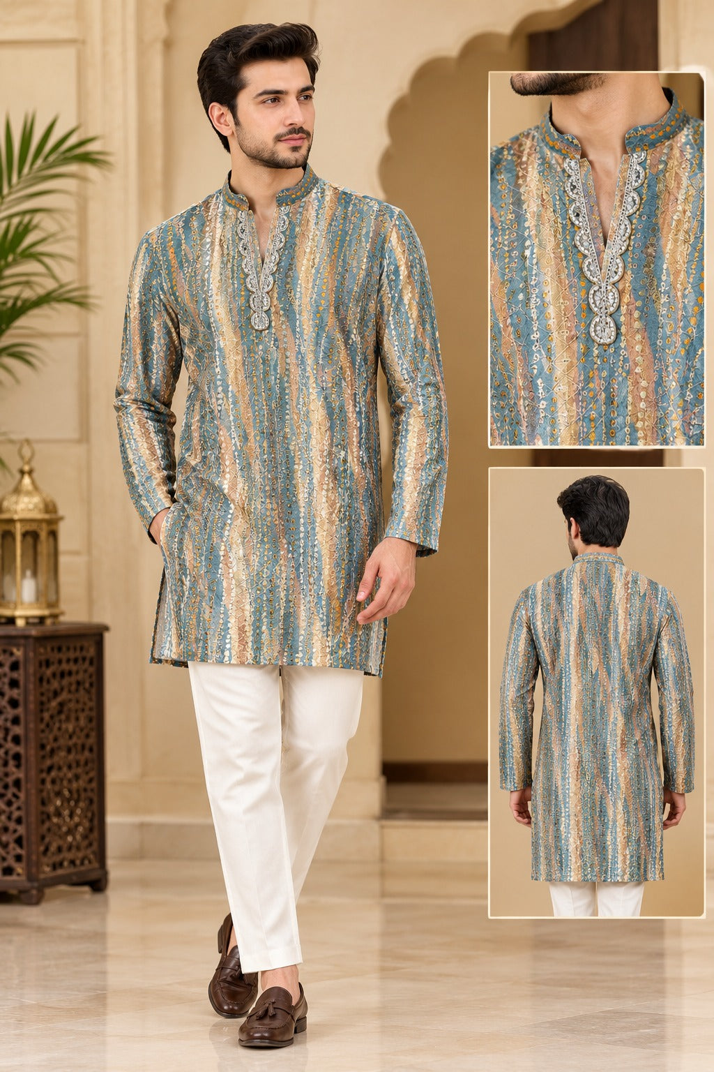 Men’s Silk Short Kurta with Digital Print & Shifli Work | Traditional Ethnic Wear