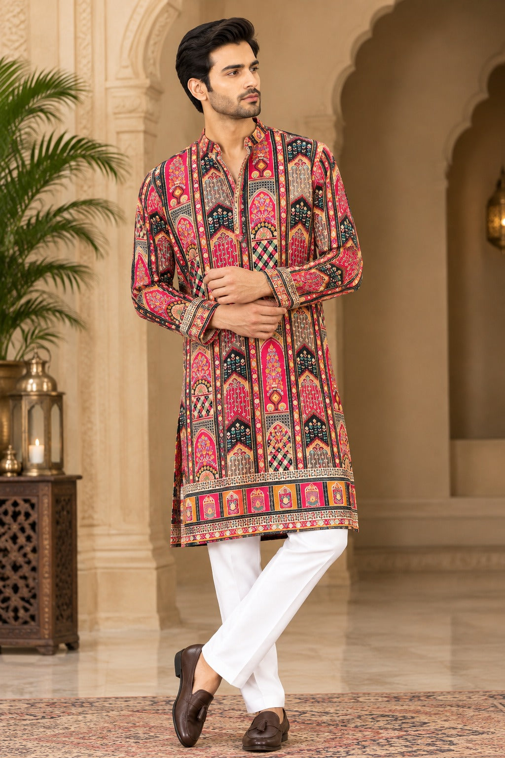 Men’s Shifli Sequence Digital Print Kurta – Elegant Shifli Work with Daman Detailing & Silk Finish