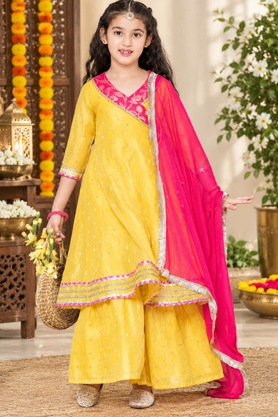 Girls’ Ethnic Woven Motif Anarkali Kurta, Sharara & Dupatta Set