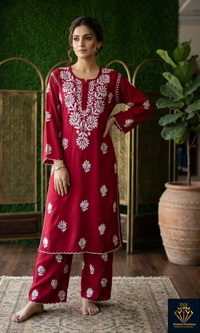 Lucknowi Chikankari Rayon Suit Set with Scalloped Border
