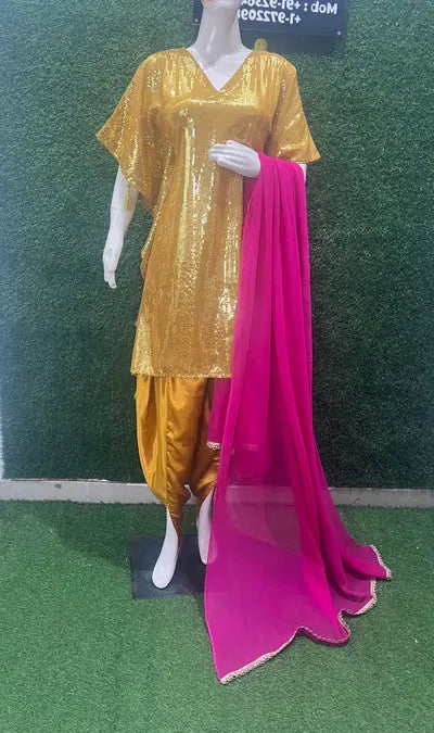 Sequin-Embellished Kaftan with Dhoti Pants & Lace-Detail Dupatta 3-Piece Set