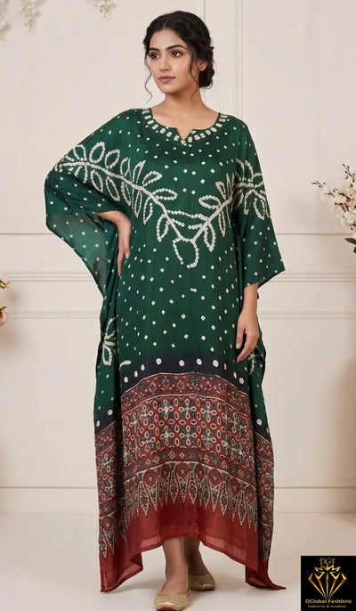 Modal Bandhani Kaftan with Real Mirror Work – Relaxed Fit Style