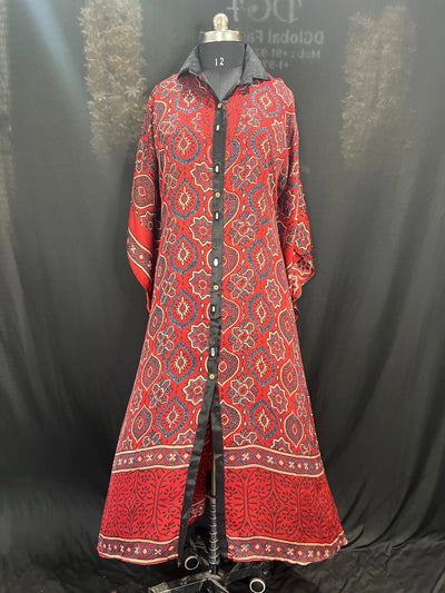 Hand Block Ajrakh Front Open Shrug Kaftan for Women