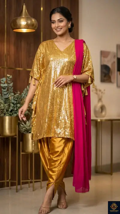 Sequin-Embellished Kaftan with Dhoti Pants & Lace-Detail Dupatta 3-Piece Set