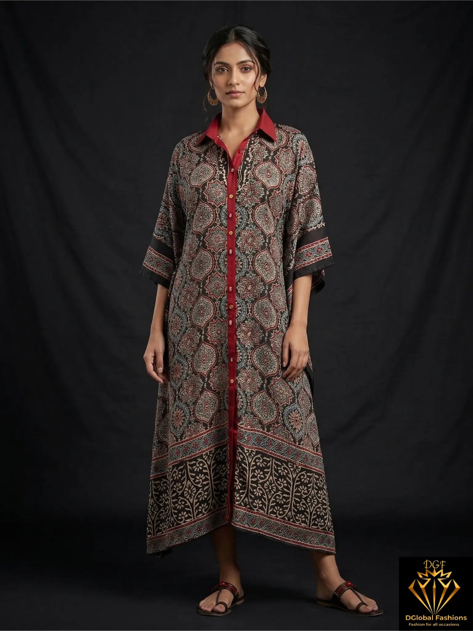 Hand Block Ajrakh Front Open Shrug Kaftan for Women