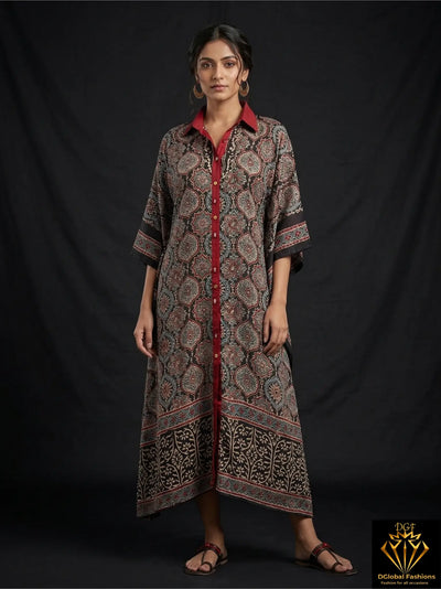 Hand Block Ajrakh Front Open Shrug Kaftan for Women