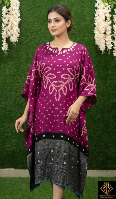 Modal Bandhani Kaftan with Real Mirror Work – Relaxed Fit Style