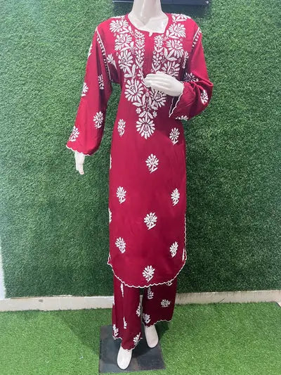 Lucknowi Chikankari Rayon Suit Set with Scalloped Border