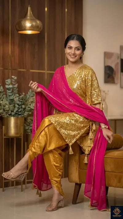 Sequin-Embellished Kaftan with Dhoti Pants & Lace-Detail Dupatta 3-Piece Set