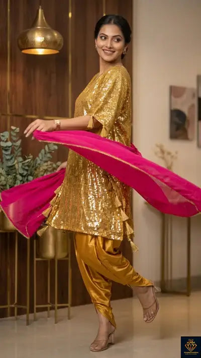 Sequin-Embellished Kaftan with Dhoti Pants & Lace-Detail Dupatta 3-Piece Set