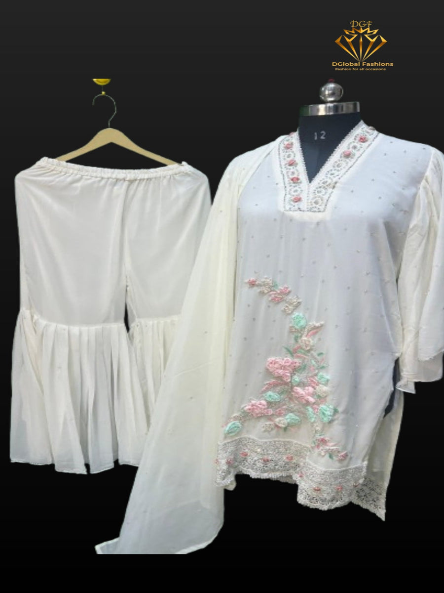 Elevate your ethnic wardrobe with this luxurious Silk & Georgette Gharara Set, featuring a gracefully designed kurta