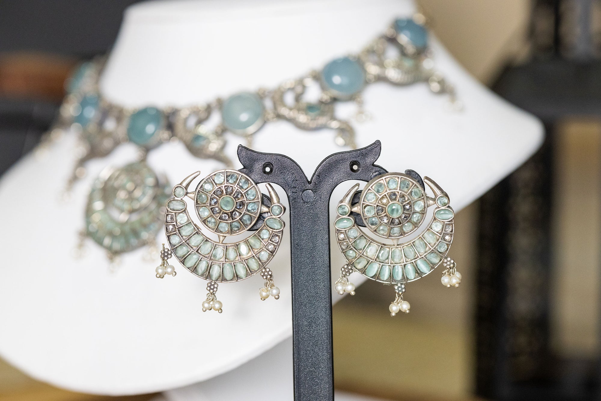 Mayuri silver necklace set with chand bali