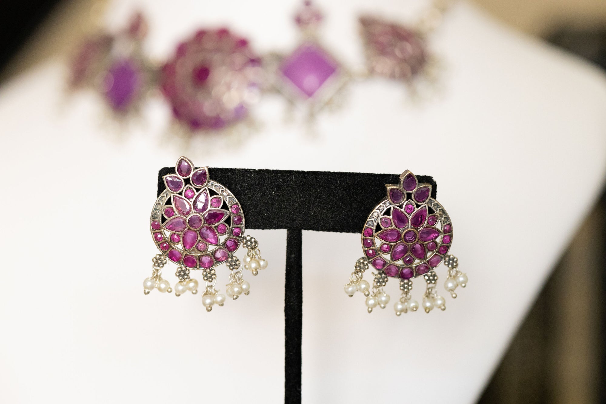 Harshima flower silver necklace with earrings set