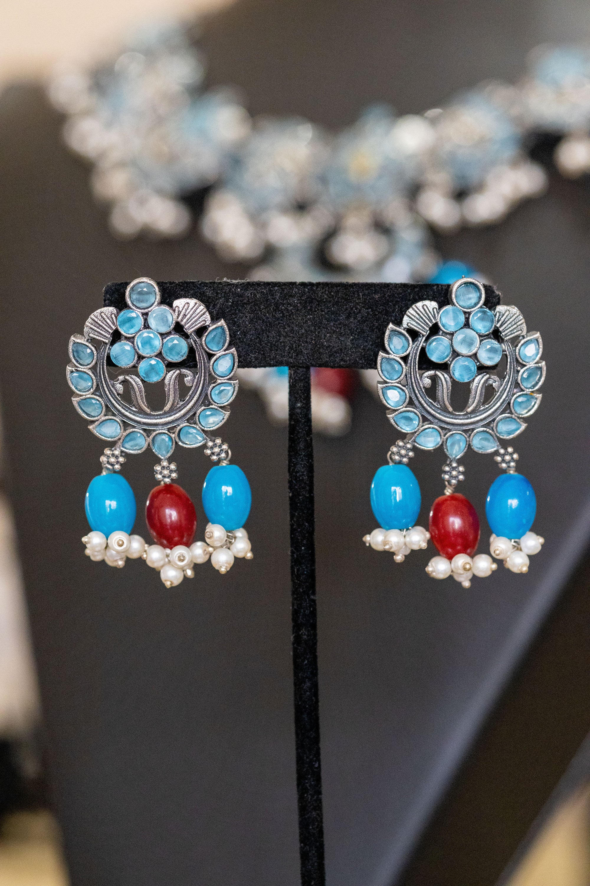 Rupali blue silver ethnic necklace set