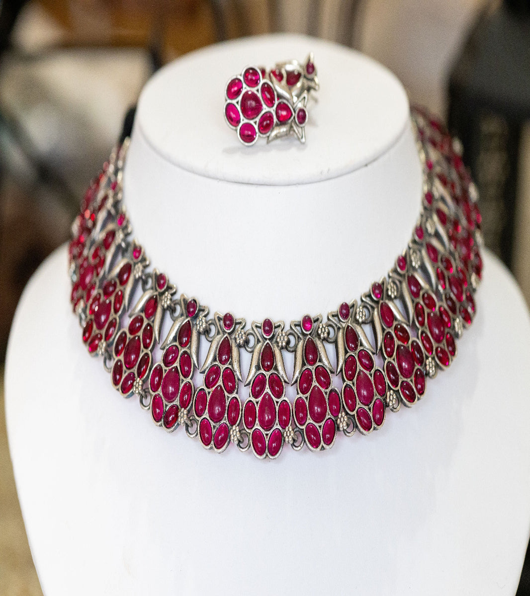 Dahlia pink silver necklace set