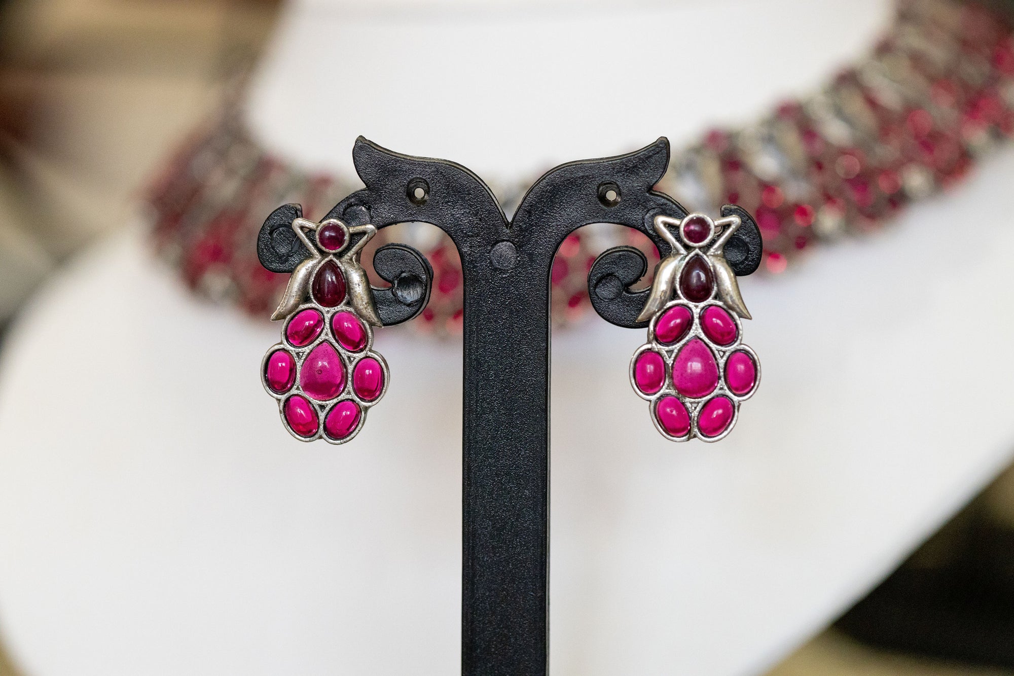 Dahlia pink silver necklace set