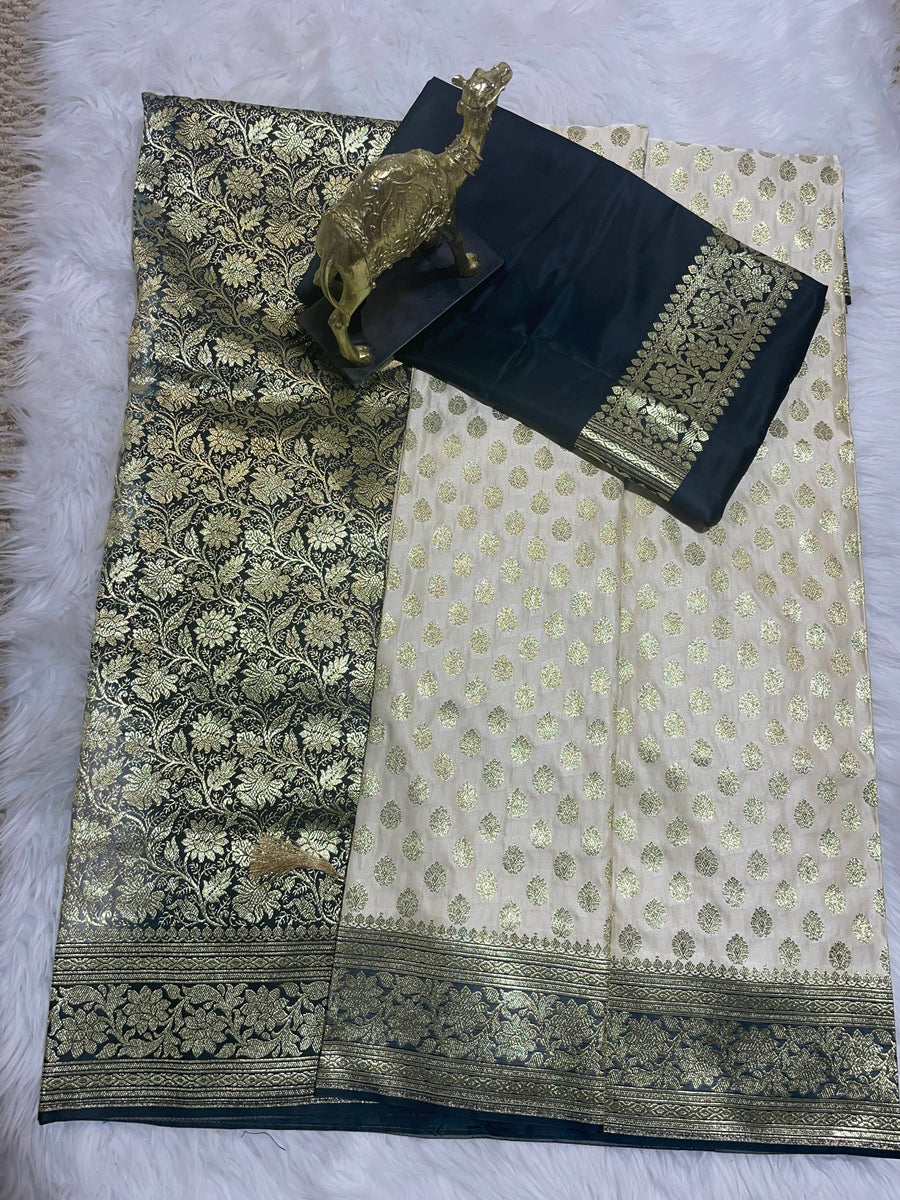 Off-White and Black Saree